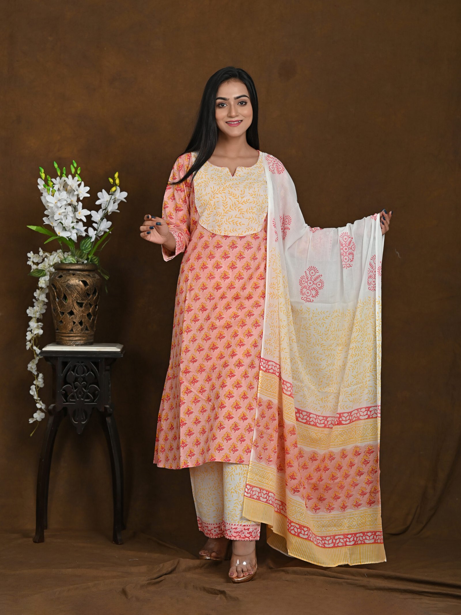 Adrika’s Light Pink Pure Hand Block Cotton 3 Pc Kurti Set