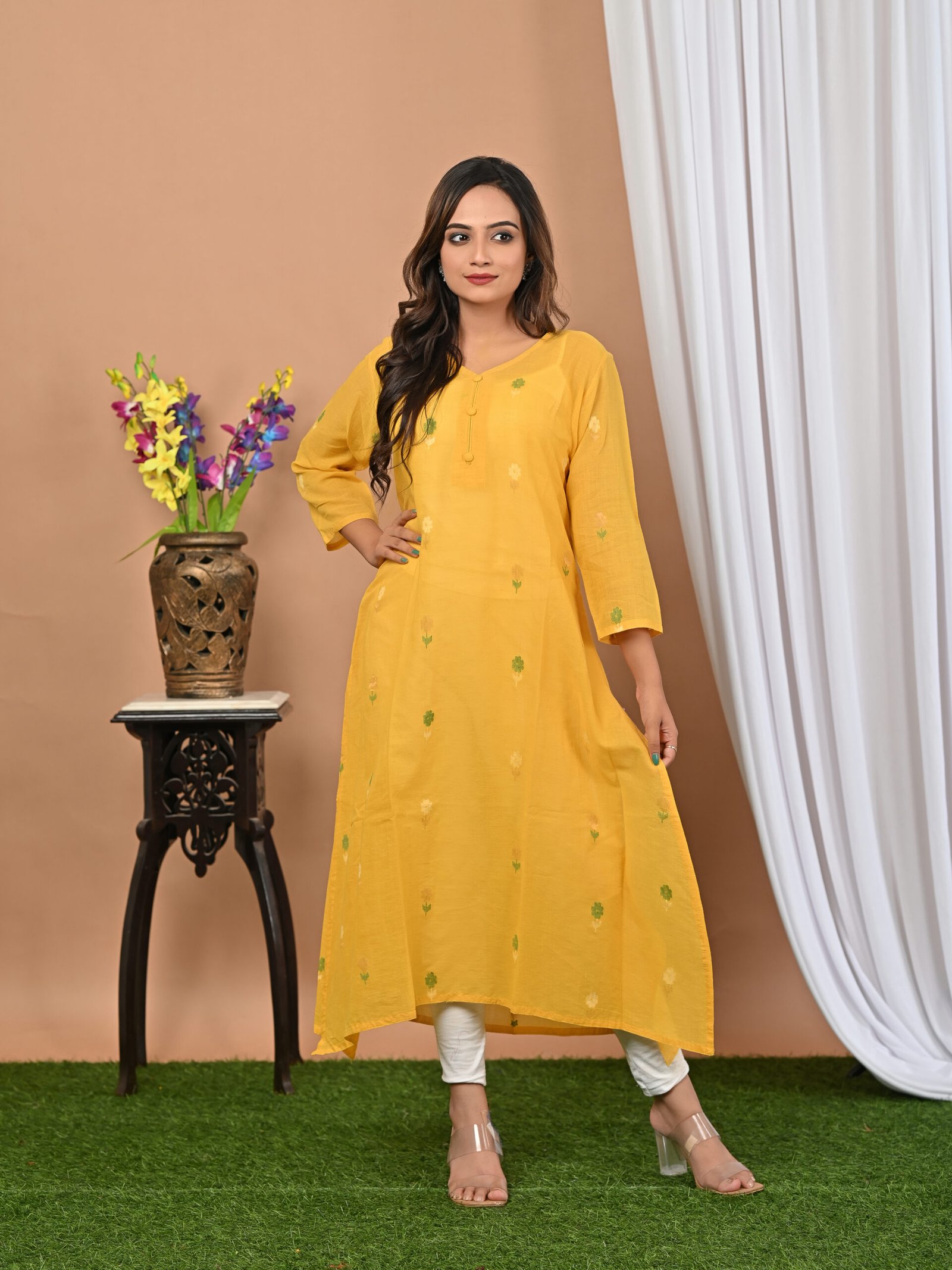 Adrika’s Yellow color Handloom Cotton Jamdani Kurti