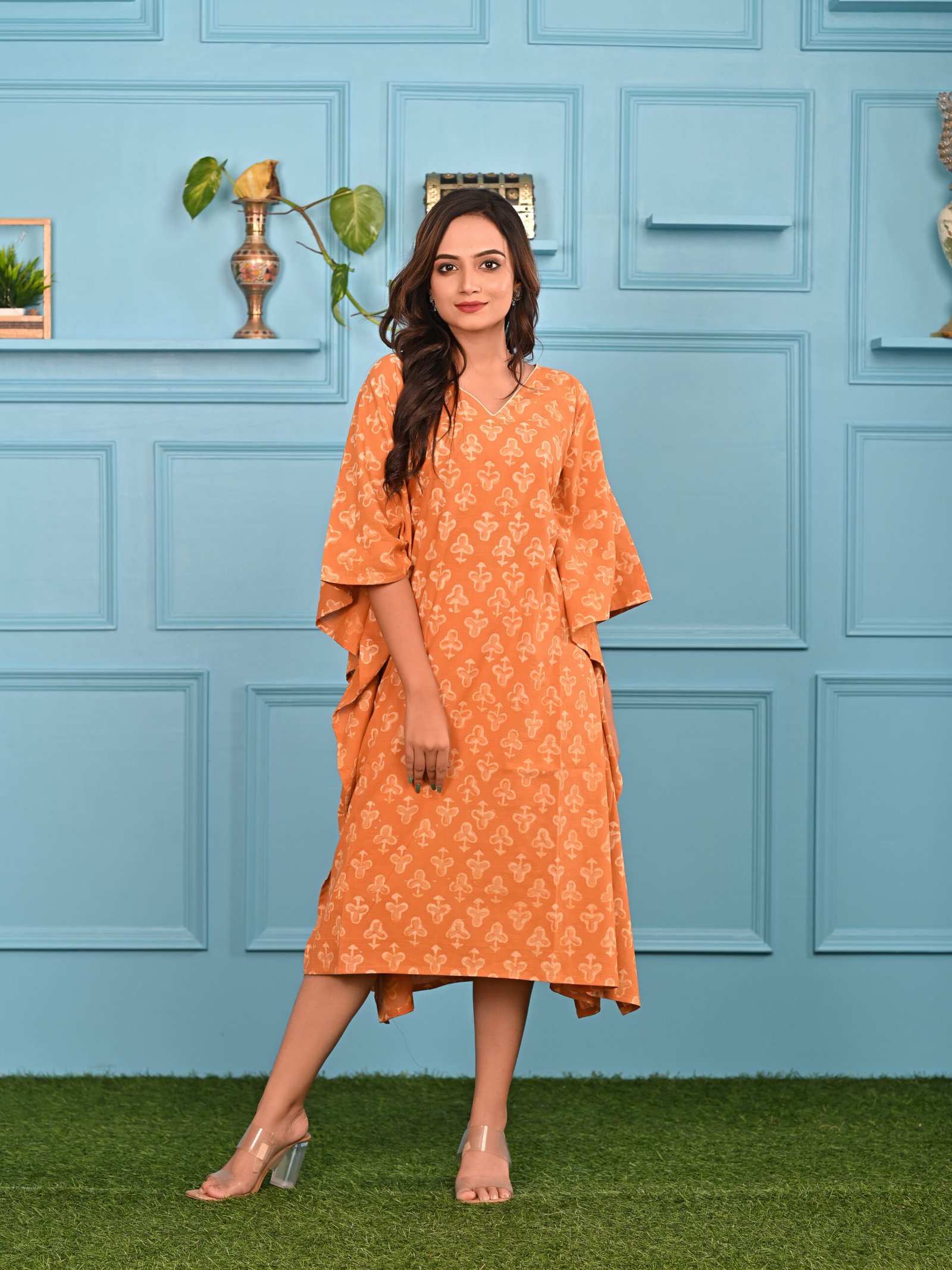 Adrika’s Ochre Yellow Dabu Cotton Kaftan
