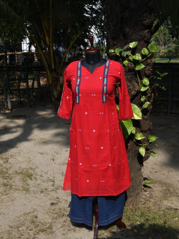 Adrika’s Red Handloom Cotton Jamdani Hand Embroidered Kurti Set