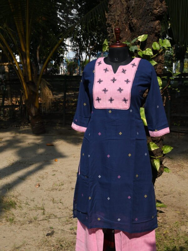 Adrika’s Blue Handloom Cotton Jamdani Hand Embroidered Kurti Set