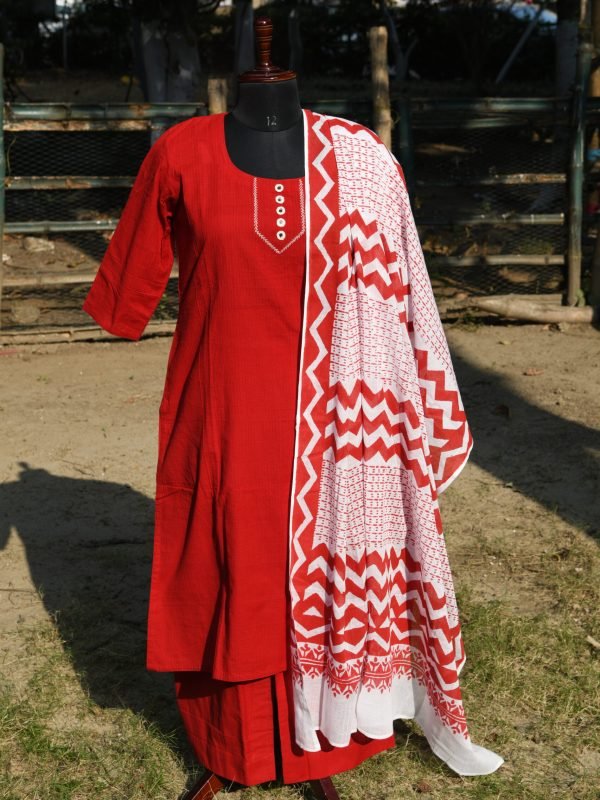 Adrika’s Red Pure Cotton 3 Pc Kurti Set