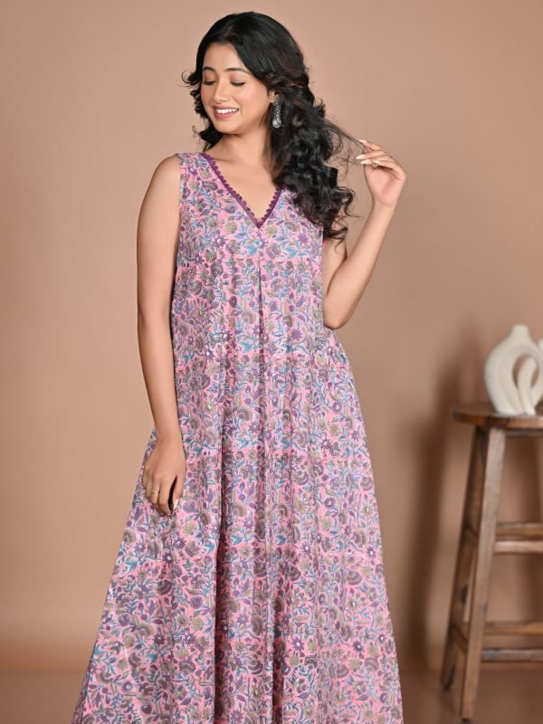 Adrika’s Pink Cotton Hand block Long Dress