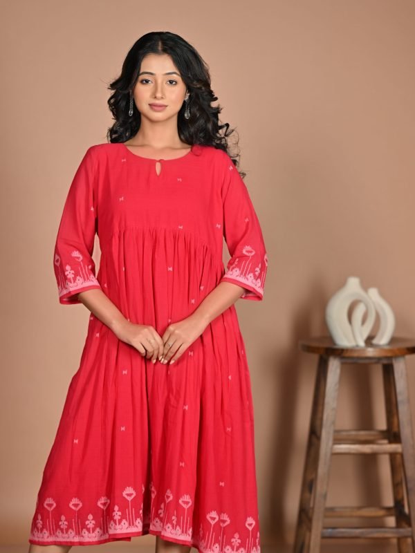 Adrika’s Red Handloom Cotton Jamdani Dress
