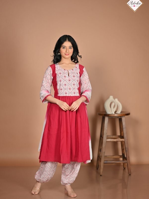 Adrika’s Red Pure Cotton And Hand Block 3 Pc Kurti Set